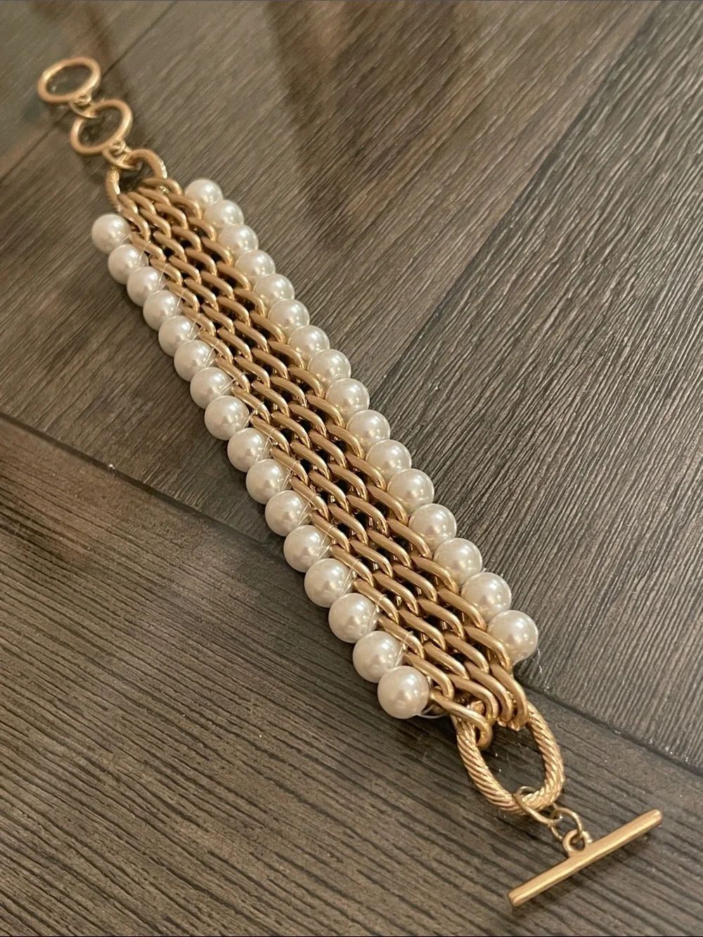 Vintage Multi-Strand Faux Pearl & Gold-tone Chain Wide Statement Toggle Bracelet